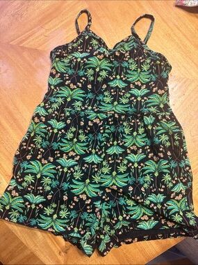 Old Navy Black Palm-Print Girls' Romper with Green Design